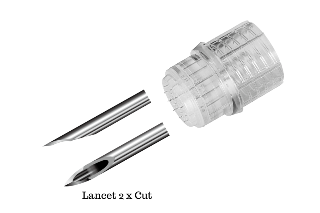 turtlepin multi needle technology's microneedling device reduces pain with its lancet 2x cut design