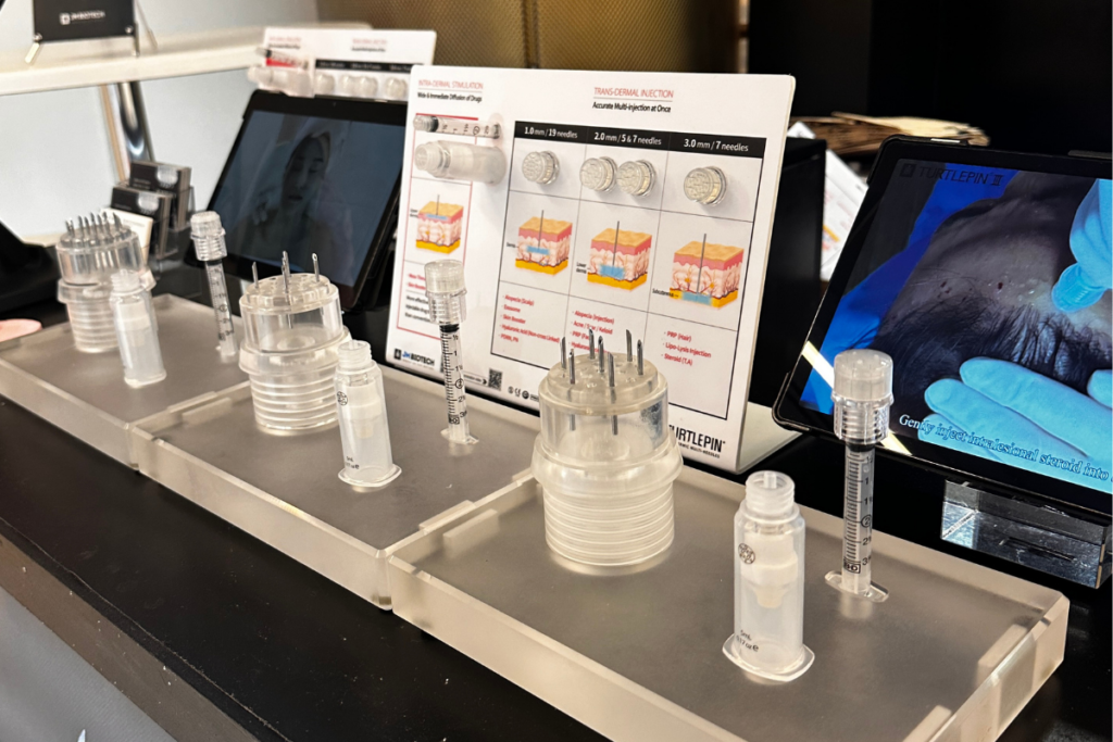 Various sizes of Turtlepin multi needling device on display at AMWC 2024