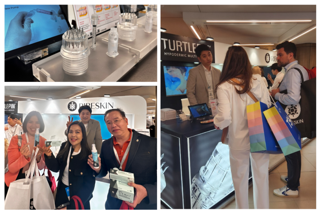 Happy customers at the ribeskin booth at AMWC 2024 in Monaco