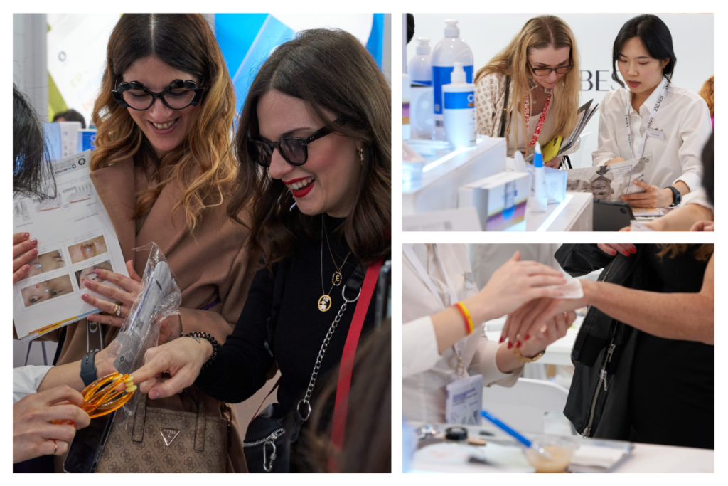 visitors at the ribeskin booth at cosmoprof 2024 experience skincare products