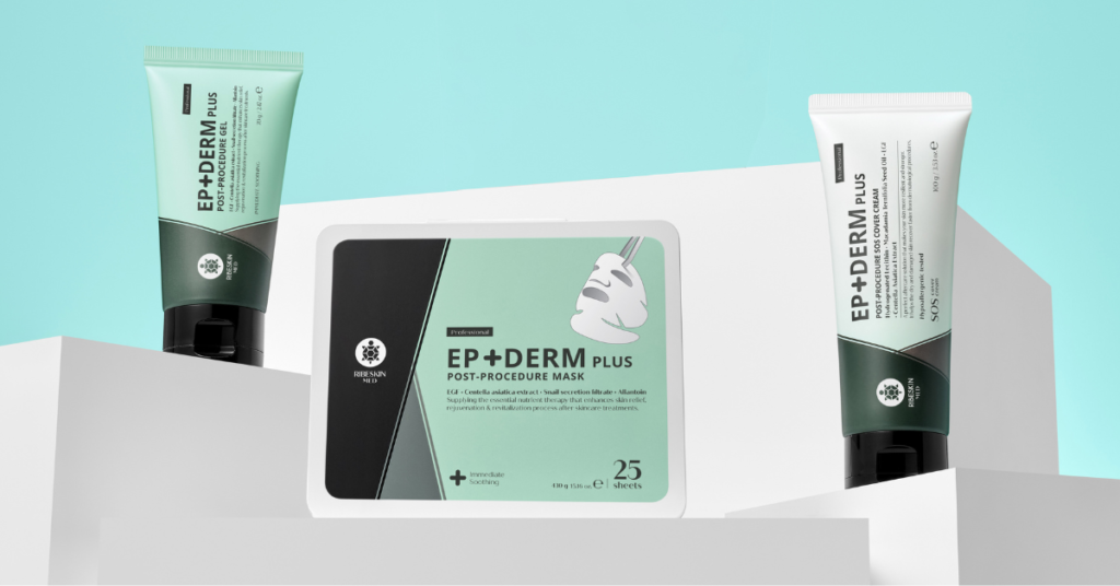 RIBESKIN EP+DERM PLUS Post procedure range consisting of gel, mask and sos cover cream