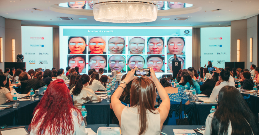 Jinyi Lee showcases Before and After skin transformations using RIBESKIN products at the RIBESKIN seminar in Mongolia